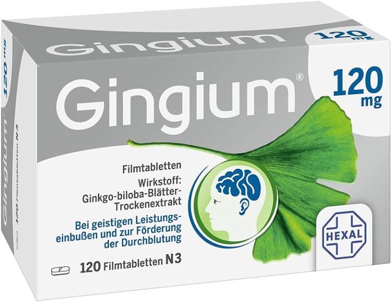Thuốc uống bổ não cho người già Gingium có xuất xứ từ Đức với thành phần chính là chiết xuất bạch quả