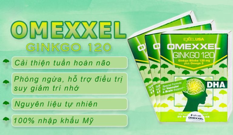 Thuốc bổ não cho người già Omexxel Ginkgo 120 có thành phần chính là chiết xuất bạch quả kết hợp với omega-3