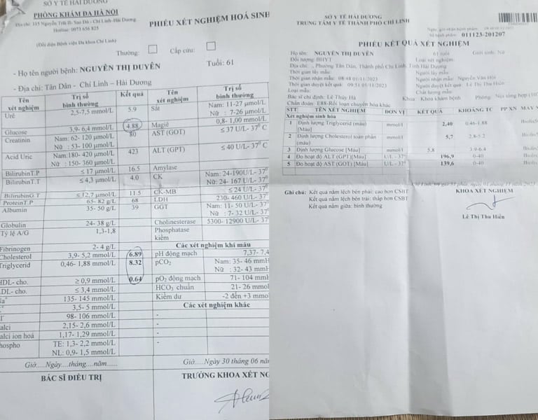 Kết quả xét nghiệm trước và sau khi sử dụng Nhị thập Huyết mạch khang của bệnh nhân Nguyễn Thị Duyên